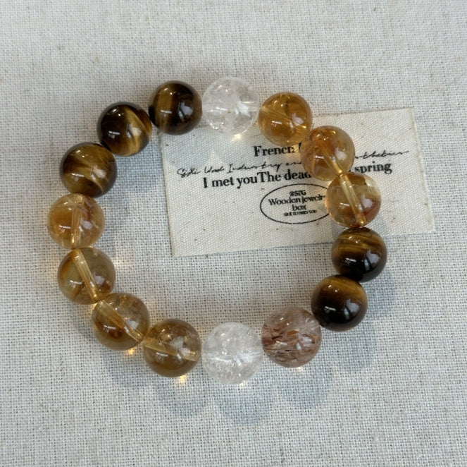 Crystal Oracle Powerful Wealth-Attracting Tiger's Eye & Super Seven Bracelet – Citrine & White Quartz for Abundance & Energy Protection 11-12mm