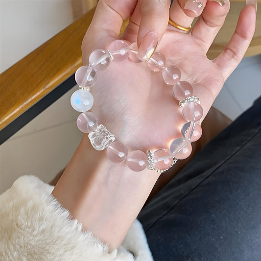 Crystal Oracle Handmade Pink Morganite(Rose Quartz) & Moonstone Bracelet with Crystal Lion Charm | Genuine Mozambique Gemstone, Adjustable Chain | Spiritual Healing Jewelry for Women 10mm