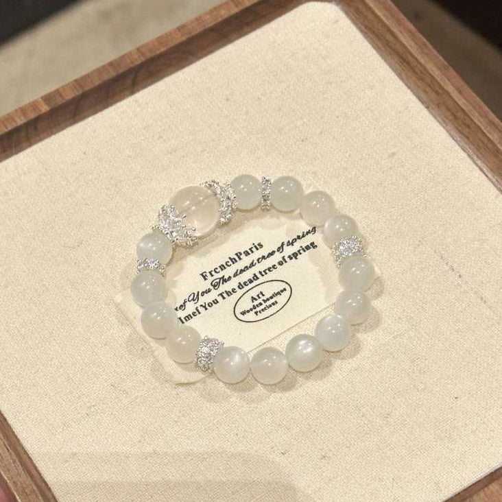 Crystal Oracle Natural Moonstone & Clear Quartz Bracelet – Energy Balancing & Elegant Crystal Jewelry 10mm