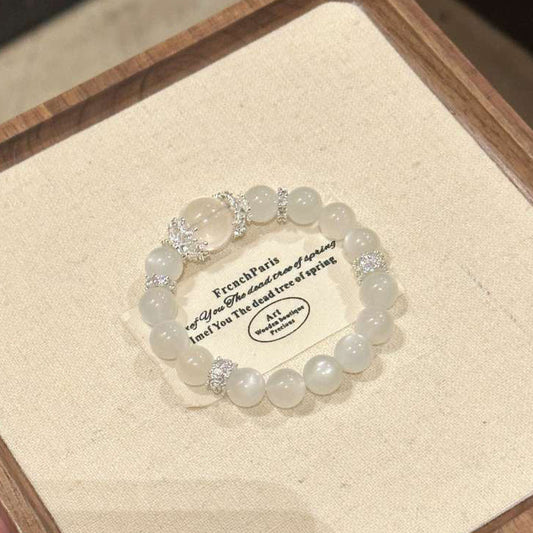 Crystal Oracle Natural Moonstone & Clear Quartz Bracelet – Energy Balancing & Elegant Crystal Jewelry 10mm