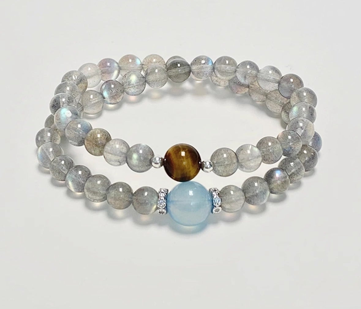 Crystal Oracle Double Strand Moonstone Bracelet with Aquamarine & Tiger's Eye – Natural Gemstones & 925 Silver Accents