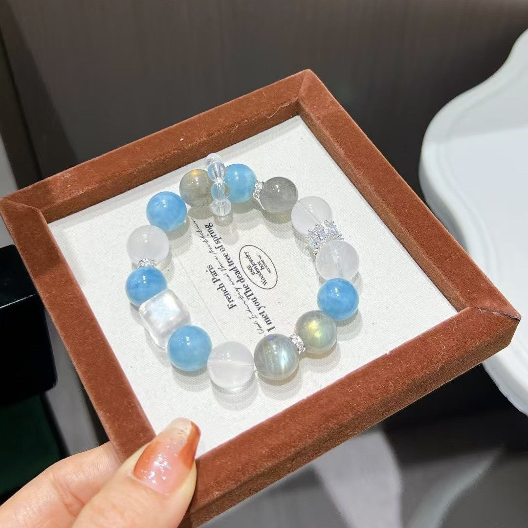 Crystal Oracle Natural Aquamarine & Gray Moonstone Bracelet – 12mm Triple Gemstone Energy Jewelry