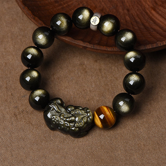 Crystal Oracle Pure Obsidian Piyao Bracelet with Tiger's Eye Accent – Ultimate Evil-Warding & Wealth Protection Feng Shui Jewelry