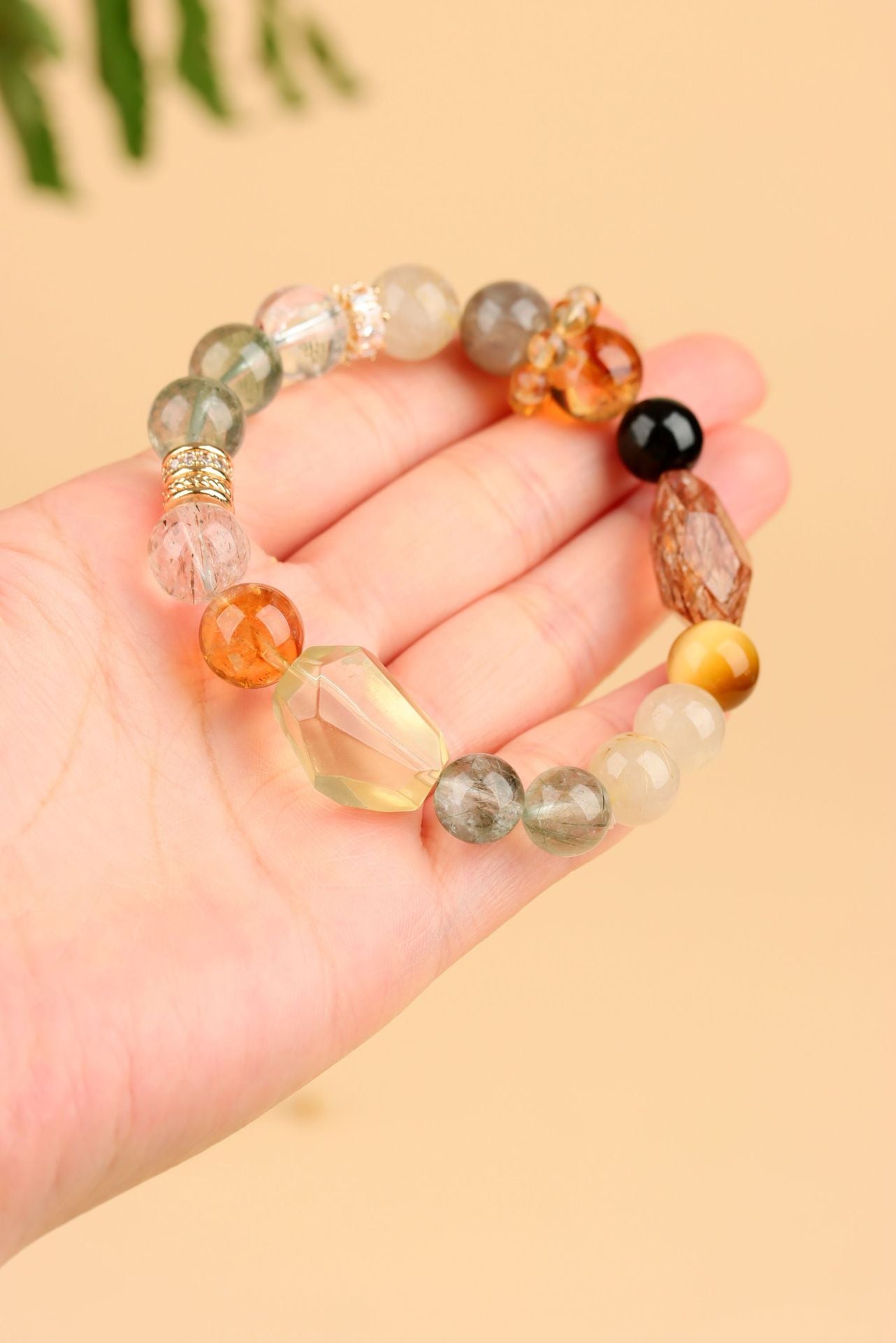 Crystal Oracle 11-Crystal Natural Crystal Energy Duo Bao Bracelet – Black Gold Super Seven, Tiger’s Eye & Green Phantom Quartz Energy Beads