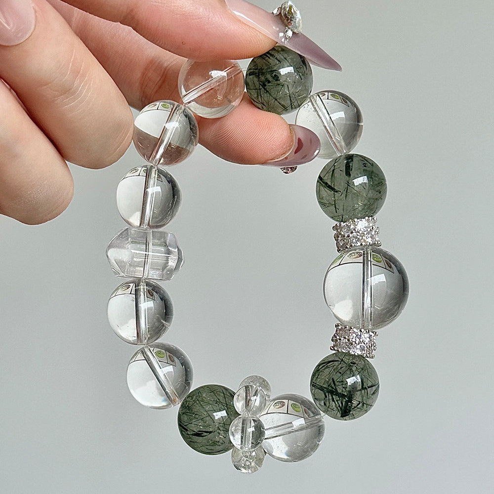 Crystal Oracle 14mm Natural Crystal Bracelet – Green Rutilated Quartz & Clear Quartz Beads | Emotional Healing, Stress Relief & Spiritual Balance