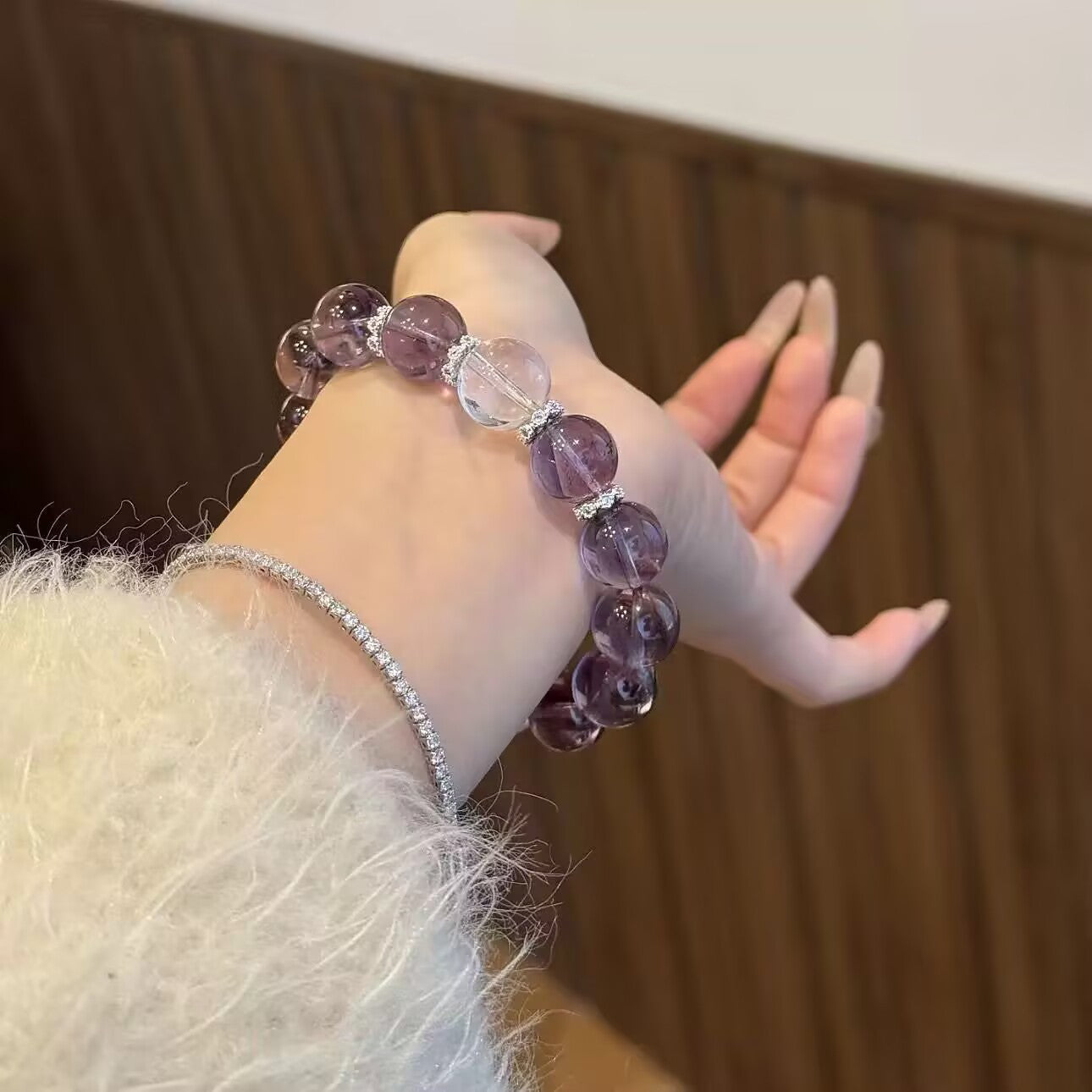 Crystal Oracle Natural Brazilian Amethyst 'Ice Grape' Bracelet with Clear Quartz Bead – Energy Crystal for Business Success & Spiritual Clarity