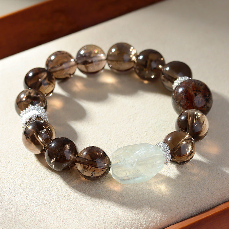 Crystal Oracle Natural Tea Azeztulite & Black Gold Super 7 Bracelet with Raw Green Quartz – Handmade Energy Jewelry for Grounding Energy + Wealth Magnet