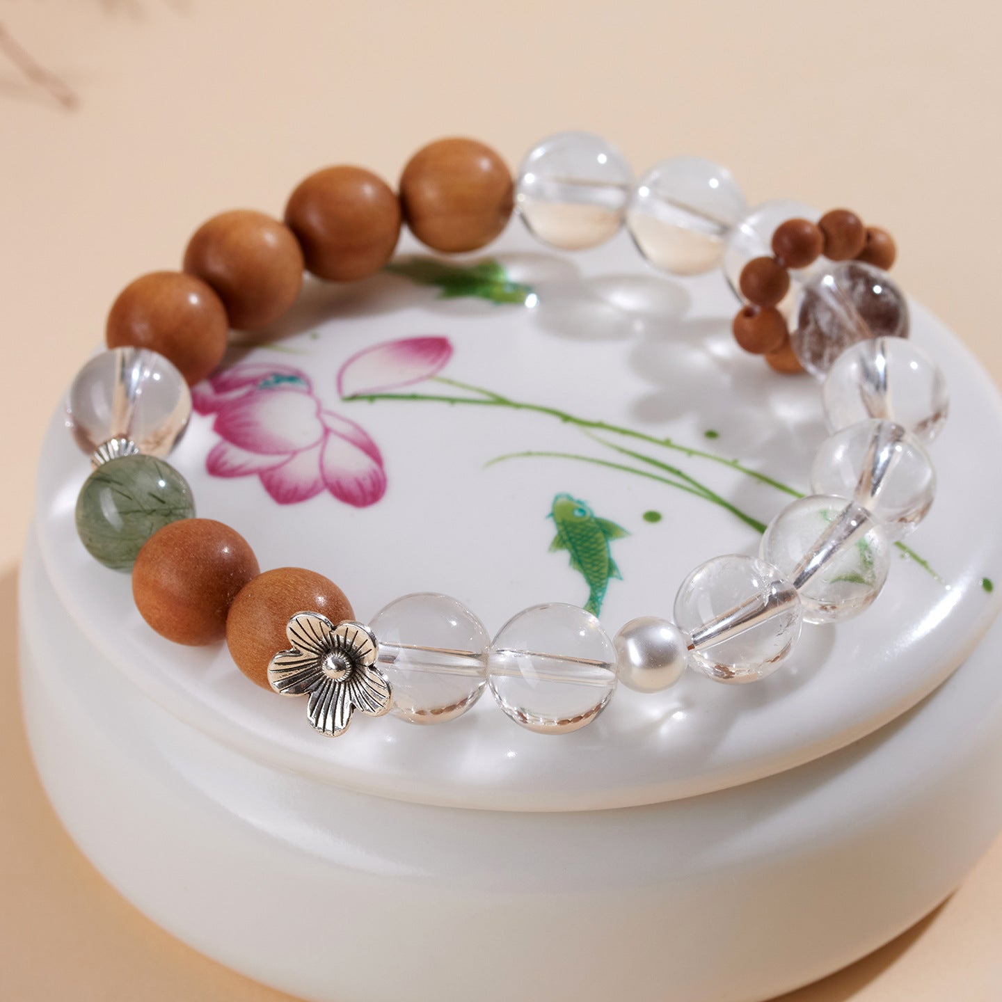Crystal Oracle Natural Clear Quartz & Sandalwood Bracelet with Green Rutilated Quartz – Handmade Chakra Balancing Energy Jewelry