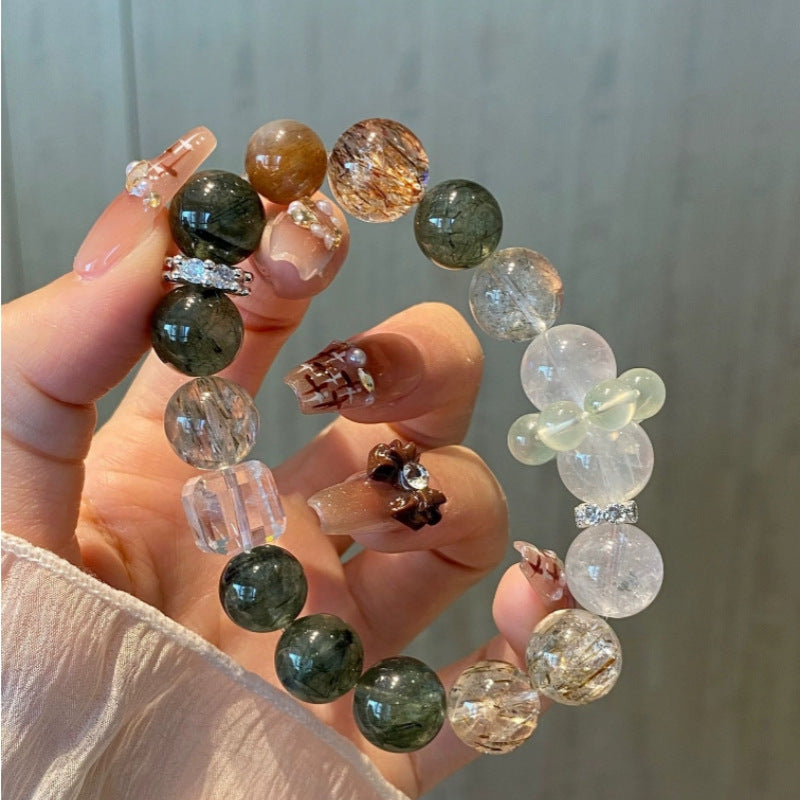 Crystal Oracle Natural Green Rutilated Quartz & Crystal Sugar White Quartz Bracelet – 14mm Wealth & Healing Energy