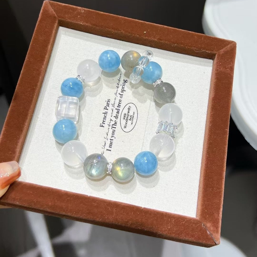 Crystal Oracle Natural Aquamarine & Gray Moonstone Bracelet – 12mm Triple Gemstone Energy Jewelry