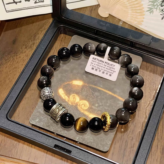 Crystal Oracle Black Myth: Wukong - Six Roots Mantra Bracelet in Natural Silver Obsidian & Obsidian 10mm