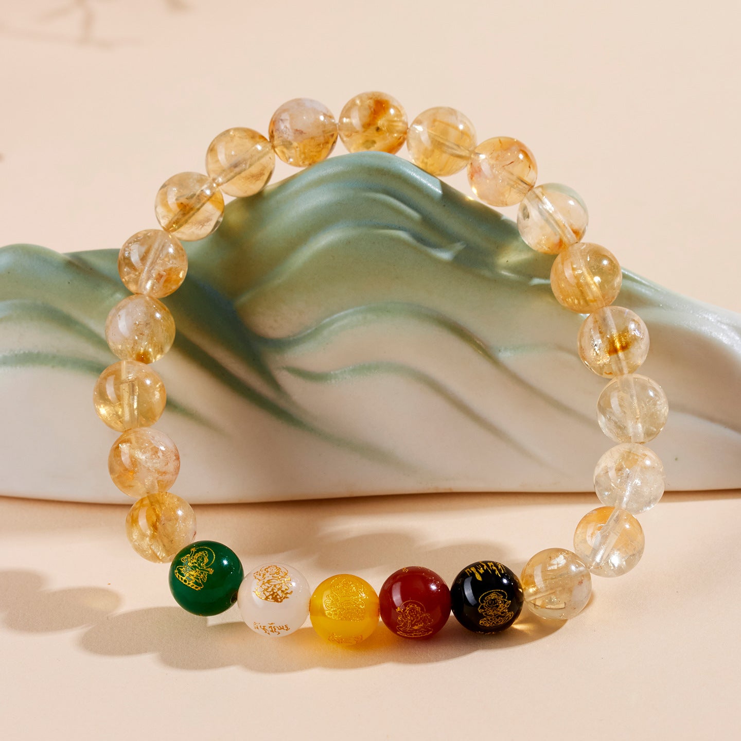 Crystal Oracle Natural Golden Rutilated Quartz & Five Wealth Gods Bracelet – Lucky Agate Charm Elastic Energy Jewelry