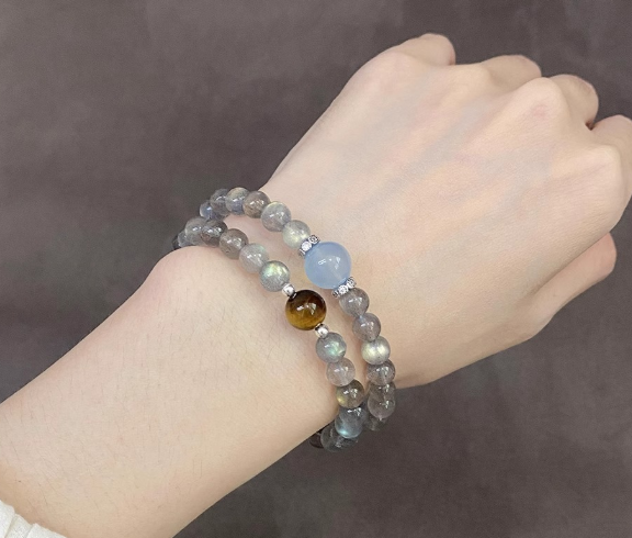 Crystal Oracle Double Strand Moonstone Bracelet with Aquamarine & Tiger's Eye – Natural Gemstones & 925 Silver Accents