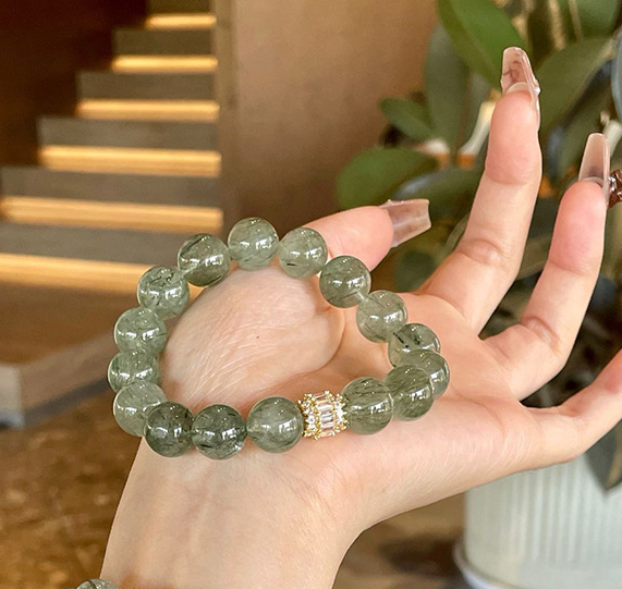 Crystal Oracle Original Design Green Rutilated Quartz Bracelet – 11-12mm Natural Crystal for Wealth & Career Success