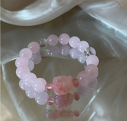 Crystal Oracle Divine Tears Nine-Tailed Fox Madagascar Rose Quartz Bracelet – Original Chinese Feng Shui Natural Agate Love & Wealth Energy Jewelry 10mm