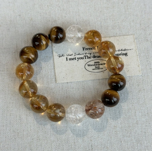 Crystal Oracle Powerful Wealth-Attracting Tiger's Eye & Super Seven Bracelet – Citrine & White Quartz for Abundance & Energy Protection 11-12mm