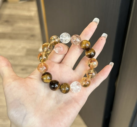 Crystal Oracle Powerful Wealth-Attracting Tiger's Eye & Super Seven Bracelet – Citrine & White Quartz for Abundance & Energy Protection 11-12mm