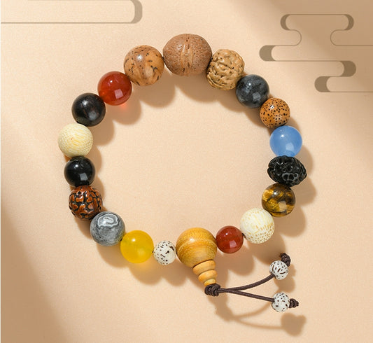 Crystal Oracle 18-Bead Sacred Bodhi Bracelet – Natural White Bodhi & Multi-Gemstone Buddhist Mala Beads for Meditation & Luck