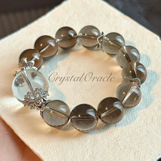 Crystal Oracle Natural 12mm Smoky Quartz Single Strand Bracelet with Clear Quartz Accent – Grounding & Clarity Healing Stones for Stress Relief