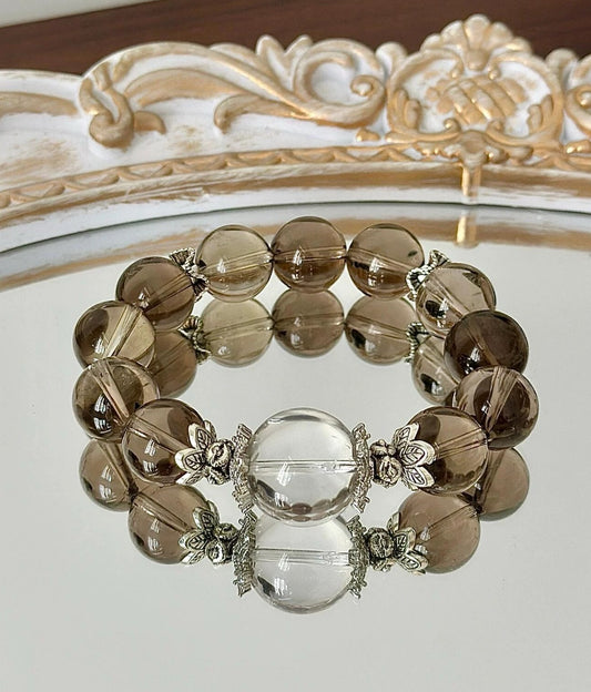 Crystal Oracle Natural 12mm Smoky Quartz Single Strand Bracelet with Clear Quartz Accent – Grounding & Clarity Healing Stones for Stress Relief