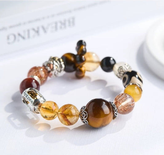 Crystal Oracle Tibetan Three-Eye Dzi with Tiger's Eye, Black Gold Super Seven and Golden Rutilated Quartz "Money Magnet" Bracelet