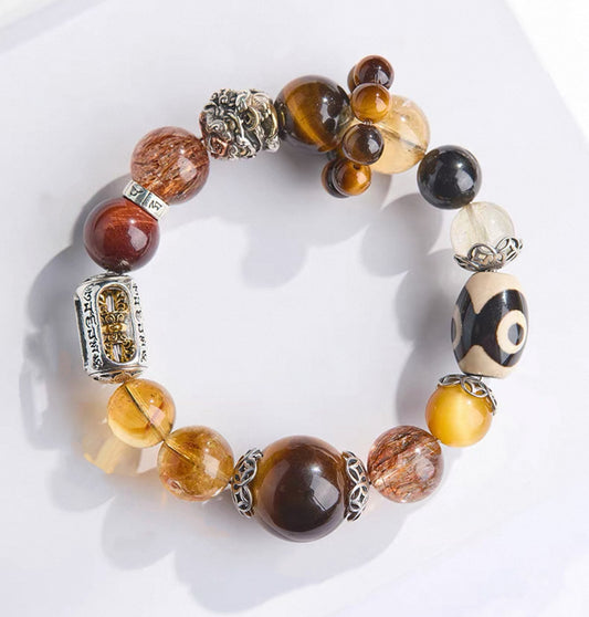 Crystal Oracle Tibetan Three-Eye Dzi with Tiger's Eye, Black Gold Super Seven and Golden Rutilated Quartz "Money Magnet" Bracelet