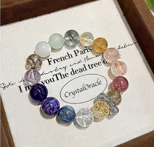Crystal Oracle Handmade 15-Natural Crystal Duo Bao Bracelet – Green Phantom, Charoite & Azeztulite | Untreated Gemstones for Energy Healing & Wealth Collection