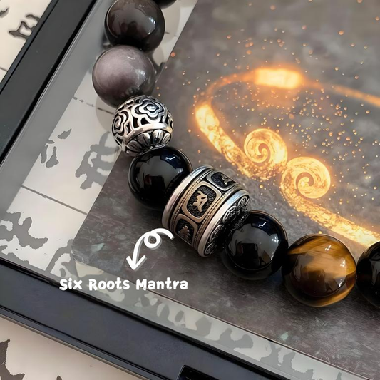 Crystal Oracle Black Myth: Wukong - Six Roots Mantra Bracelet in Natural Silver Obsidian & Obsidian 10mm