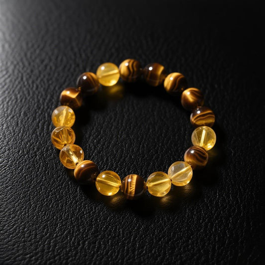 Crystal Oracle Putuoshan Natural Citrine with Pyramid Inclusions and Tiger's Eye Stone Fortune and Good Luck Bracelet