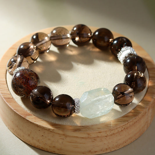 Crystal Oracle Natural Tea Azeztulite & Black Gold Super 7 Bracelet with Raw Green Quartz – Handmade Energy Jewelry for Grounding Energy + Wealth Magnet