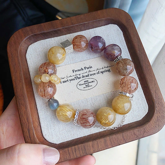 Crystal Oracle Original Design Citrine & Black Gold Super Seven Bracelet with Amethyst & Gray Moonstone – Wealth, Protection & Spiritual Harmony