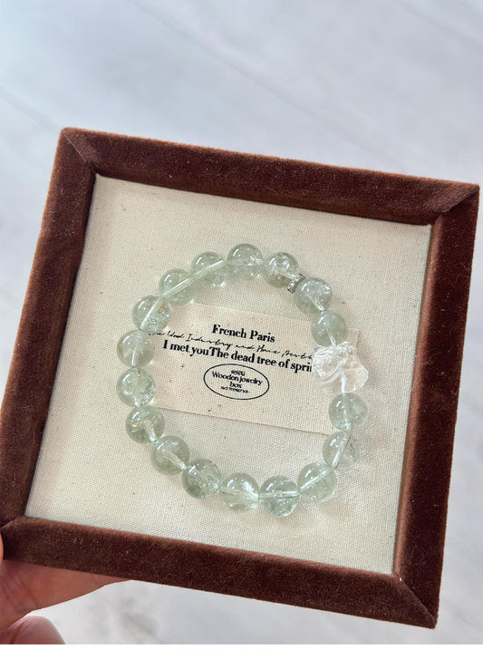 Natural Green Azeztulite Crystal Bracelet with White Quartz Lion Dance Bead – Rare Healing Jewelry for Harmony & Courage