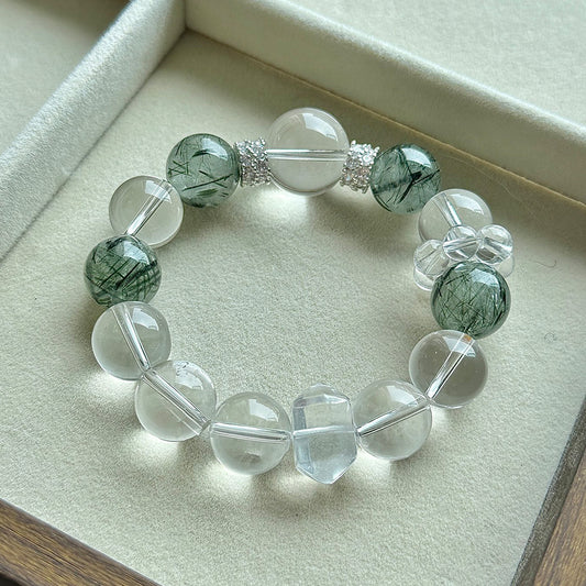 Crystal Oracle 14mm Natural Crystal Bracelet – Green Rutilated Quartz & Clear Quartz Beads | Emotional Healing, Stress Relief & Spiritual Balance