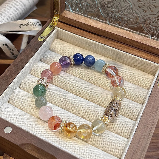 Crystal Oracle 12-Crystal Rainbow Wealth Duo Bao Bracelet: Natural Rutilated Quartz & Golden Citrine Wealth Matrix with Black Gold Pi Yao Celestial Guardian 9mm+
