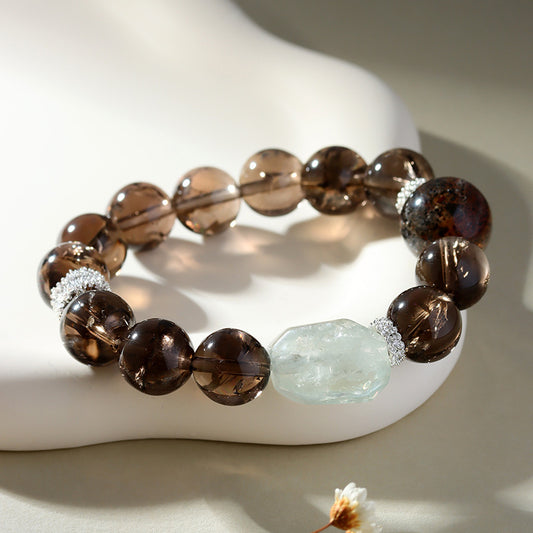 Crystal Oracle Natural Tea Azeztulite & Black Gold Super 7 Bracelet with Raw Green Quartz – Handmade Energy Jewelry for Grounding Energy + Wealth Magnet