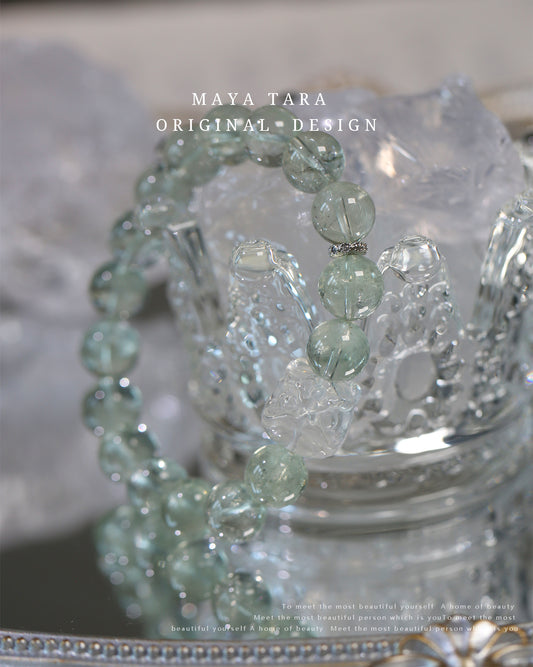 Natural Green Azeztulite Crystal Bracelet with White Quartz Lion Dance Bead – Rare Healing Jewelry for Harmony & Courage