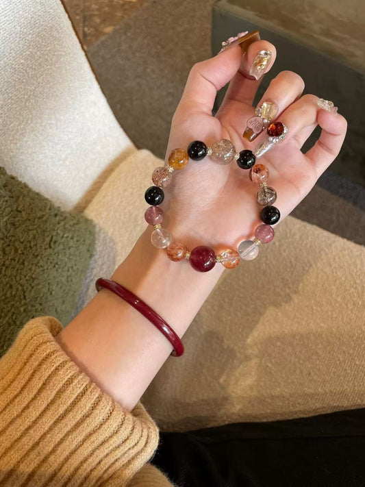 Crystal Oracle 5-Gem Energy Duo Bao Bracelet – Black Gold Super Seven, Hematoid Quartz, Strawberry Quartz, Pink Morganite & Black Tourmaline for Wealth, Love & Protection, Feng Shui Grounding Jewelry