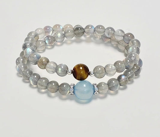 Crystal Oracle Double Strand Moonstone Bracelet with Aquamarine & Tiger's Eye – Natural Gemstones & 925 Silver Accents