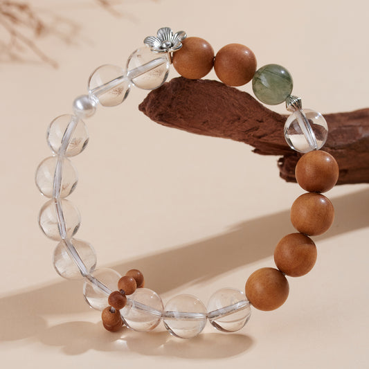 Crystal Oracle Natural Clear Quartz & Sandalwood Bracelet with Green Rutilated Quartz – Handmade Chakra Balancing Energy Jewelry