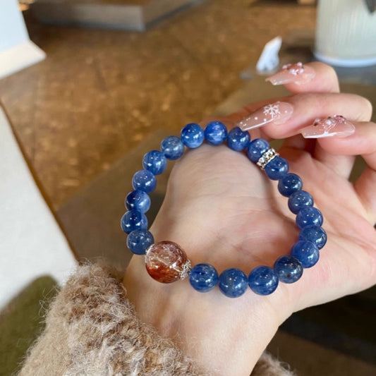 Crystal Oracle Blue Kyanite & Red Flower Agate Bracelet for Inner Peace and Energy Boost