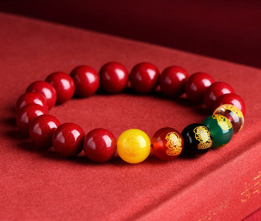 Crystal Oracle Authentic Cinnabar Five Wealth Gods Bracelet – Pure Vermilion Beads with Colored Gemstones