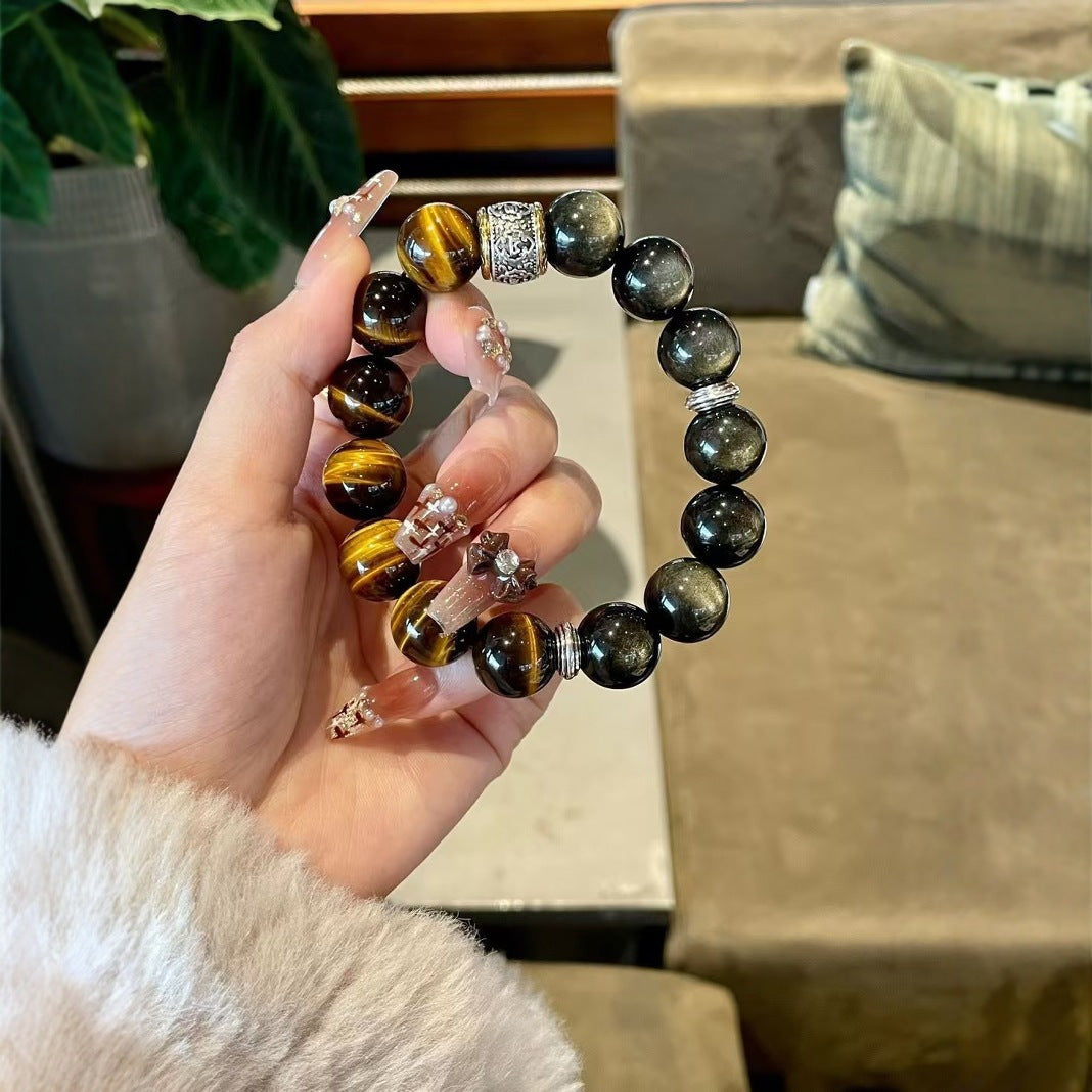 Crystal Oracle Black Myth: Wukong Style Obsidian & Tiger Eye Bracelet – Golden Protection & Wealth Energy