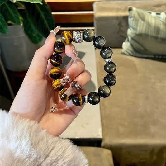Crystal Oracle Black Myth: Wukong Style Obsidian & Tiger Eye Bracelet – Golden Protection & Wealth Energy