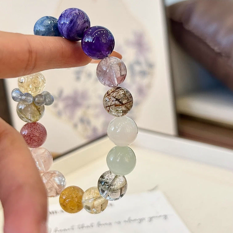 Crystal Oracle Handmade 15-Natural Crystal Duo Bao Bracelet – Green Phantom, Charoite & Azeztulite | Untreated Gemstones for Energy Healing & Wealth Collection