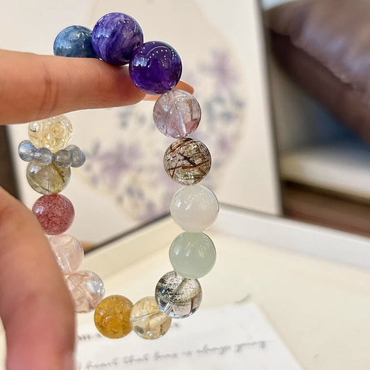 Crystal Oracle Handmade 15-Natural Crystal Duo Bao Bracelet – Green Phantom, Charoite & Azeztulite | Untreated Gemstones for Energy Healing & Wealth Collection