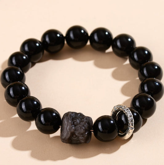 Crystal Oracle Natural Obsidian Lion Dance Bracelet with Silver Running Rings – Original Handmade Protection Jewelry