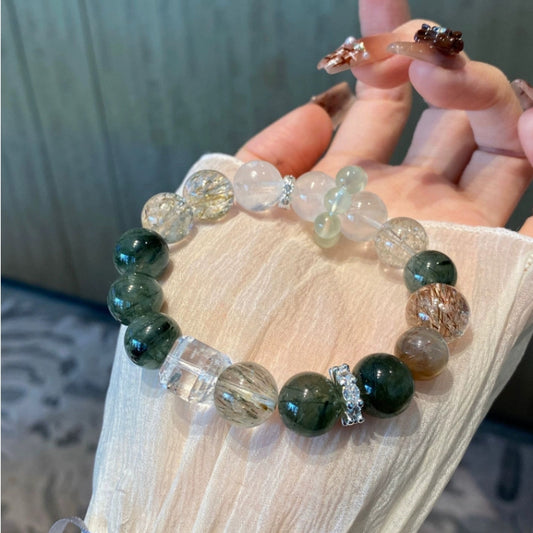 Crystal Oracle Natural Green Rutilated Quartz & Crystal Sugar White Quartz Bracelet – 14mm Wealth & Healing Energy