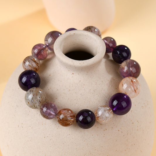 Crystal Oracle Natural Amethyst Super Seven Crystal Bracelet – Purple Planet Energy Stone, Triple Chakra Healing Jewelry for Spiritual Meditation & Wealth Attraction