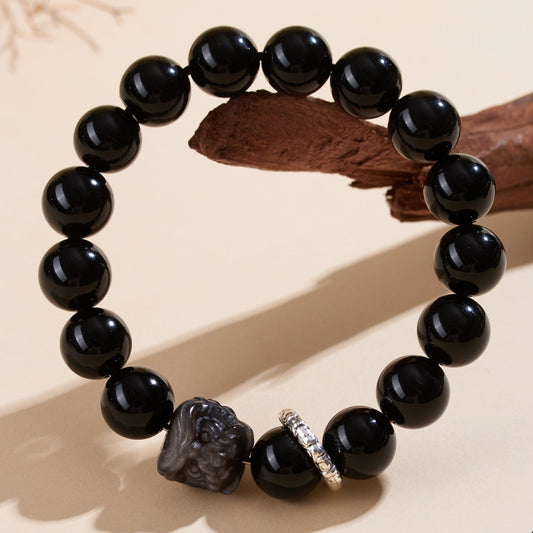 Crystal Oracle Natural Obsidian Lion Dance Bracelet with Silver Running Rings – Original Handmade Protection Jewelry