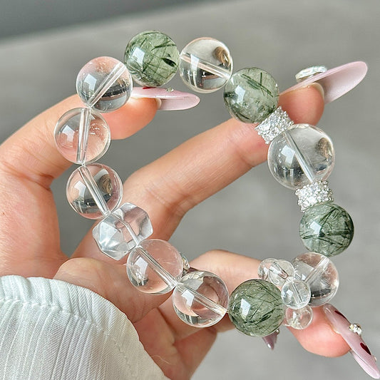 Crystal Oracle 14mm Natural Crystal Bracelet – Green Rutilated Quartz & Clear Quartz Beads | Emotional Healing, Stress Relief & Spiritual Balance